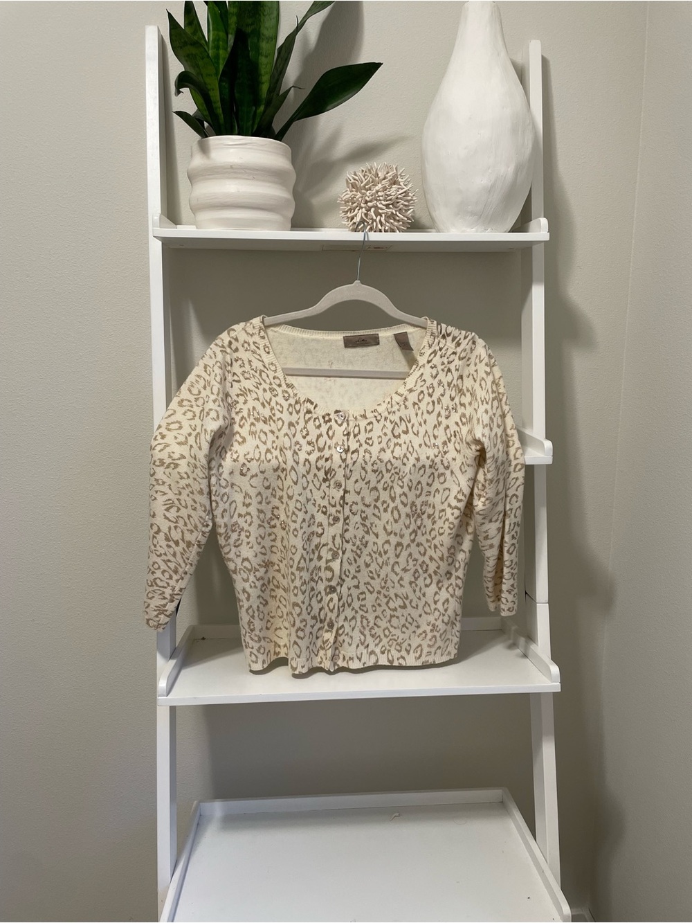 Leopard Print Cream Button-Front Cardigan Sweater